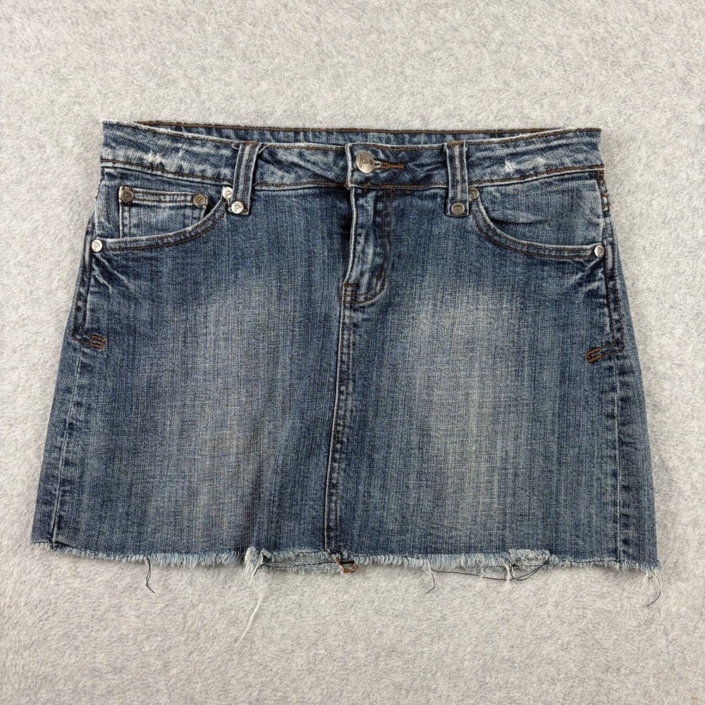 Papaya Denim Skirt Womens‎ Medium Blue Low Rise Raw Hem Y2K Mini Stretch Club